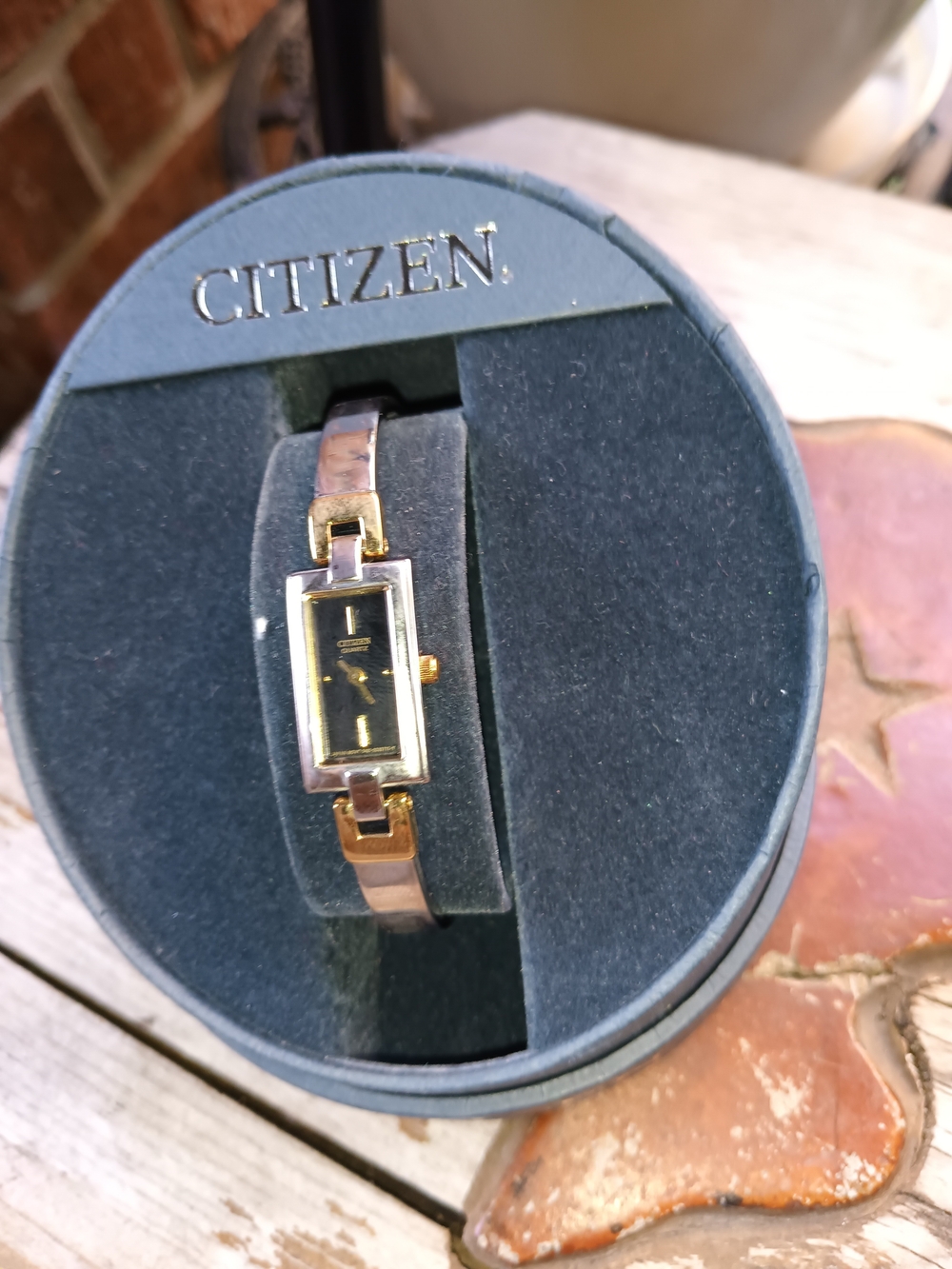 Vintage Citizen Women's Two-Tone Gold and Silver Bracelet Watch with Black Dial